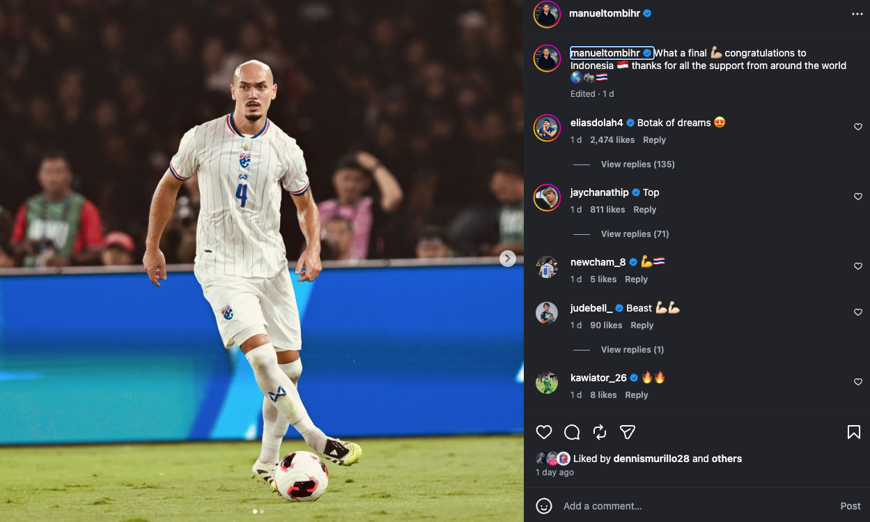 Manuel Bihr's Instagram post after the final, a photo of him on the ball in Thailand white, captioned What a final, congratulations to Indonesia, thanks for all the support from around the world