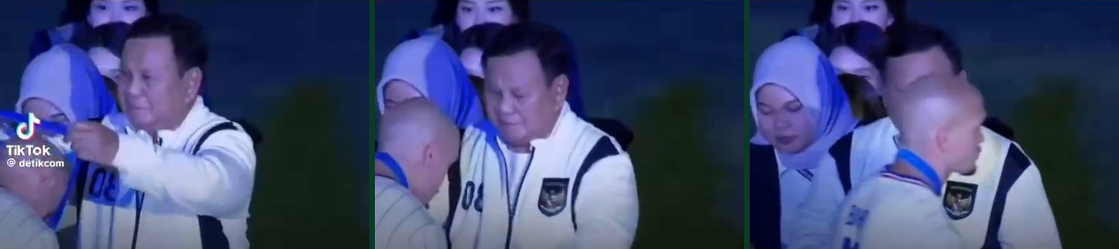 Three frames from the medal ceremony: Prabowo Subianto places a runners-up medal over Manuel Bihr's head with both hands, Bihr bows his head, then walks on
